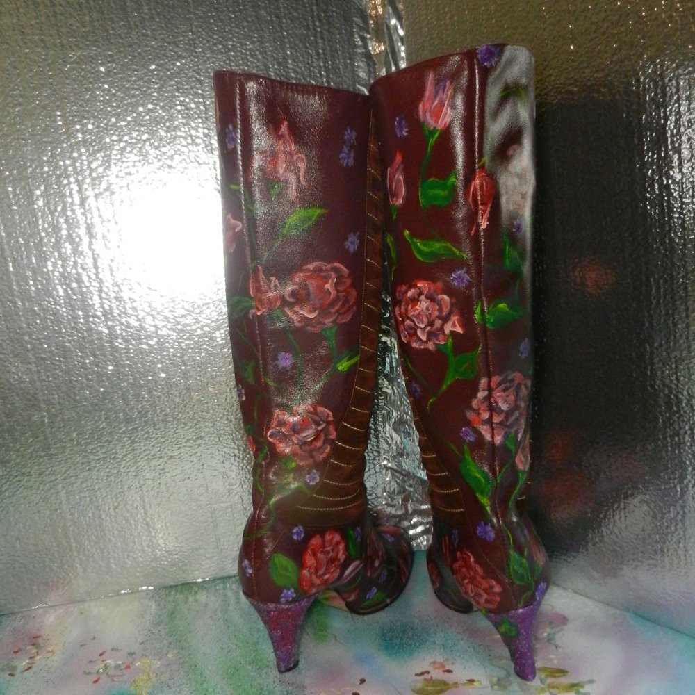 VTG OOAK floral suede boots Never Promised You a Rose Garden burgundy leather - Picture 14 of 16